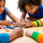 **

A child engaged in a collaborative team project, surrounded by diverse teammates, showcasing teamwork and shared problem-solving with bright colors and a focus on positive interaction.

**