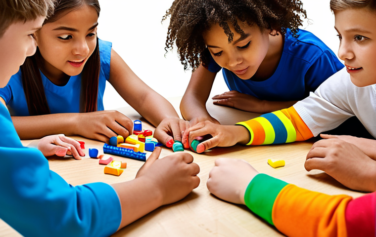 **
A child engaged in a collaborative team project, surrounded by diverse teammates, showcasing teamwork and shared problem-solving with bright colors and a focus on positive interaction.
**